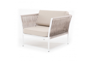 MR1002026 кресло плетеное из роупа, каркас алюминий белый, роуп бежевый 20мм, ткань бежевая